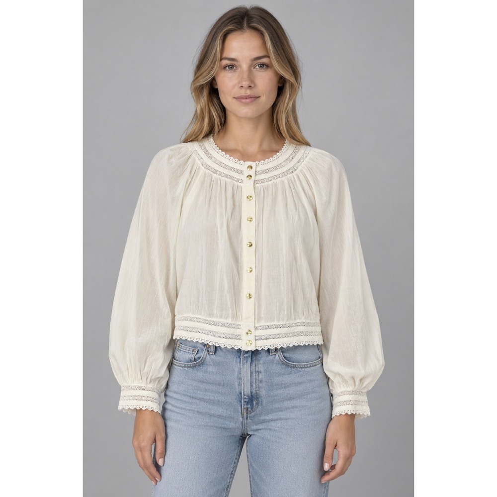 Alice + Olivia Blouse Women Small White Lace Trim Peasant Top Victorian Romantic